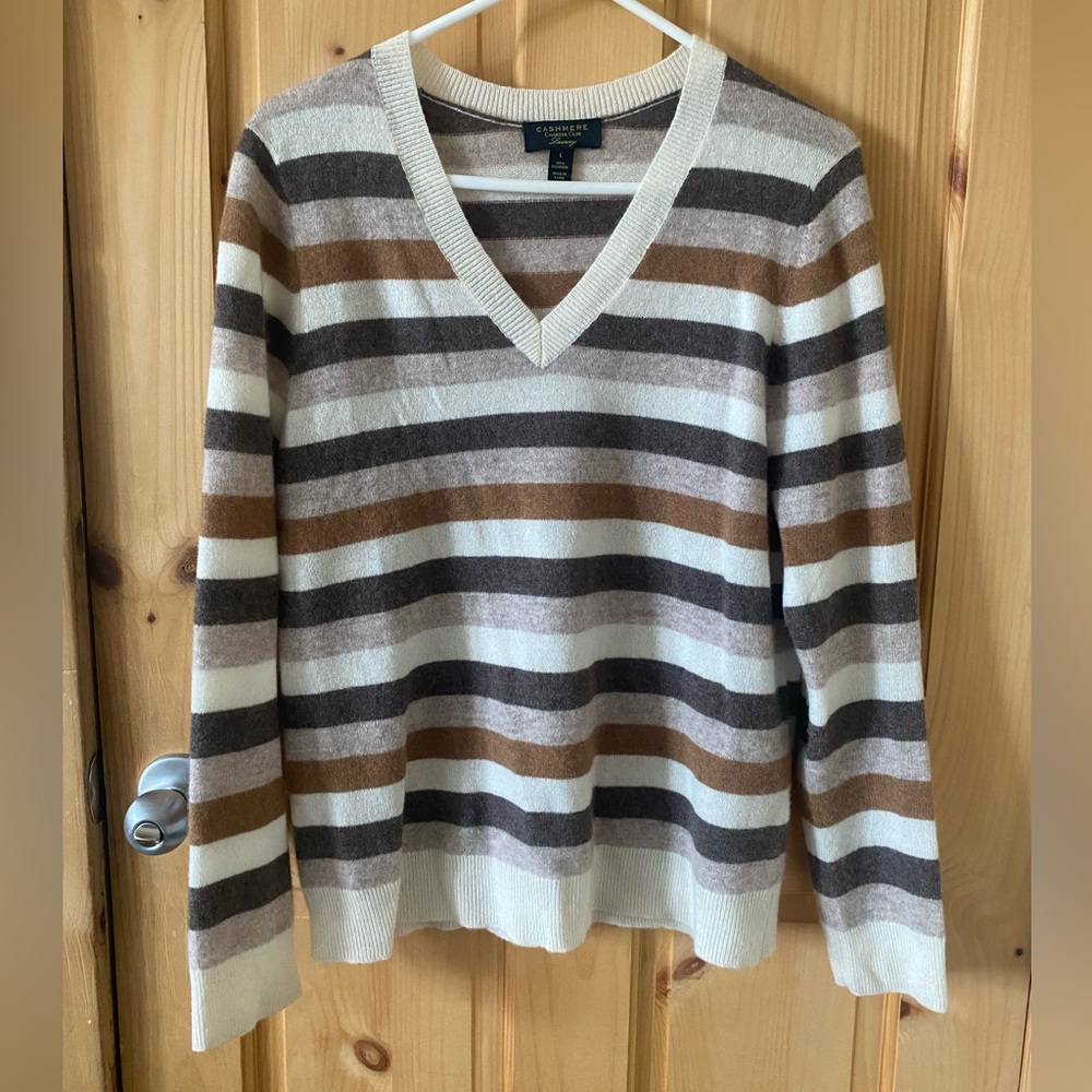 Charter Club Multicolor Striped Cashmere V-Neck Sweater